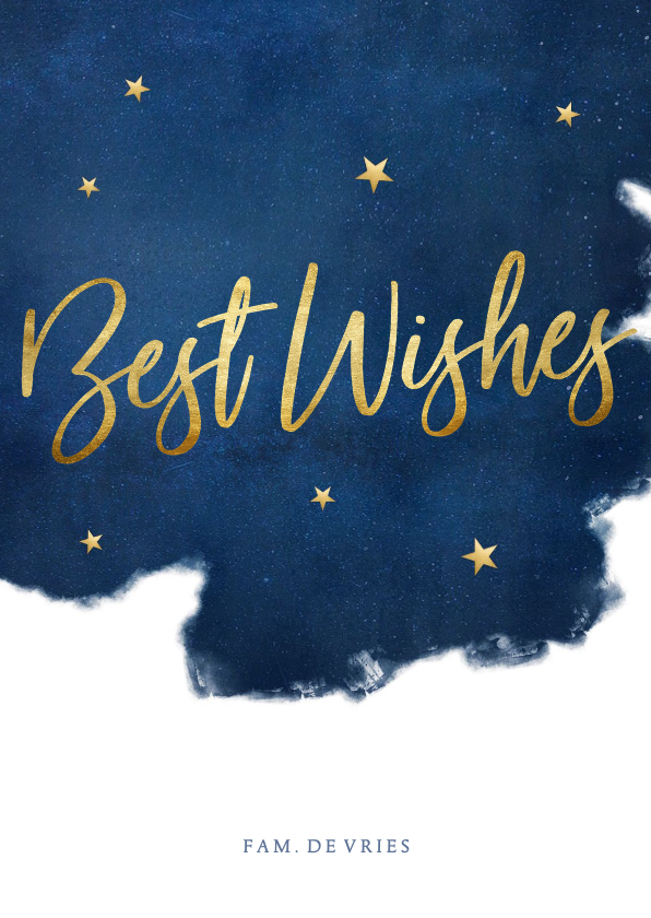 Stijlvolle kerstkaart best wishes blauw met goudlook sterren - Kerstkaarten Kerstkaarten - Stijlvolle kerstkaart best wishes blauw met goudlook sterren