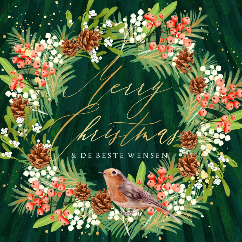 Stijlvolle kerstkaart botanische kerstkrans goud vogel - Kerstkaarten Kerstkaarten - Stijlvolle kerstkaart botanische kerstkrans goud vogel