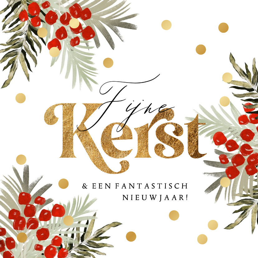 Kerstkaarten - Stijlvolle kerstkaart botanische kersttakken stippen goud