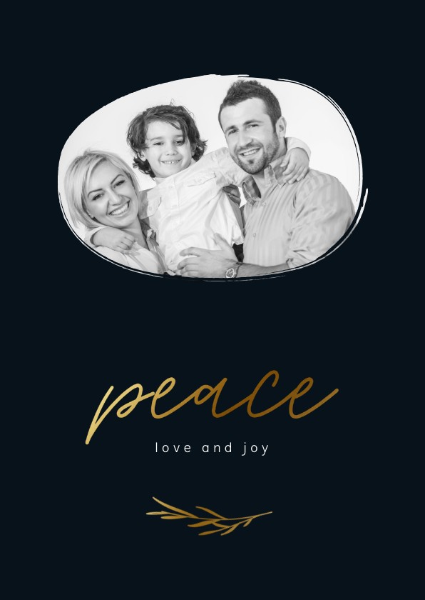 Stijlvolle kerstkaart donkerblauw met goudlook peace en foto - Kerstkaarten Kerstkaarten - Stijlvolle kerstkaart donkerblauw met goudlook peace en foto
