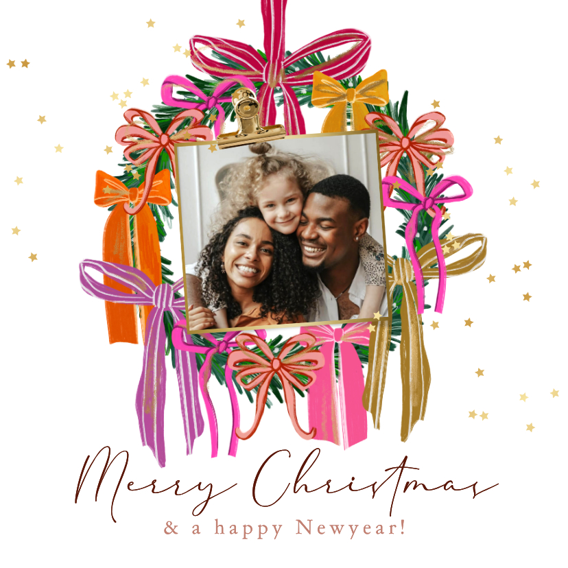 Stijlvolle kerstkaart kerstkrans kleurrijke strikken goud - Kerstkaarten Kerstkaarten - Stijlvolle kerstkaart kerstkrans kleurrijke strikken goud