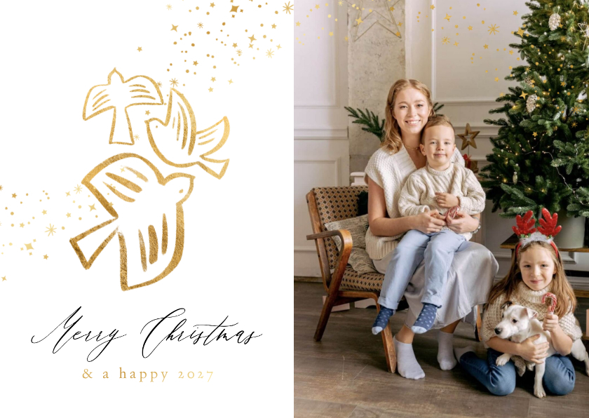 Stijlvolle kerstkaart lijnillustratie duif sterren goud foto - Kerstkaarten Kerstkaarten - Stijlvolle kerstkaart lijnillustratie duif sterren goud foto