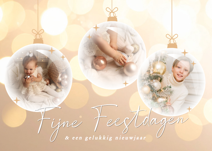 Stijlvolle kerstkaart met fotocollage kerstballen goud - Kerstkaarten Kerstkaarten - Stijlvolle kerstkaart met fotocollage kerstballen goud