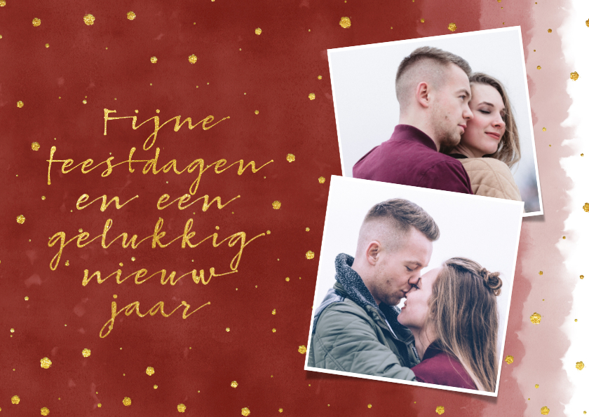 Stijlvolle kerstkaart met goud typografie en rode waterverf - Kerstkaarten Kerstkaarten - Stijlvolle kerstkaart met goud typografie en rode waterverf