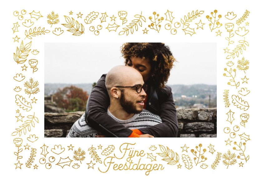 Stijlvolle kerstkaart met goudlook botanisch kader en foto - Kerstkaarten Kerstkaarten - Stijlvolle kerstkaart met goudlook botanisch kader en foto