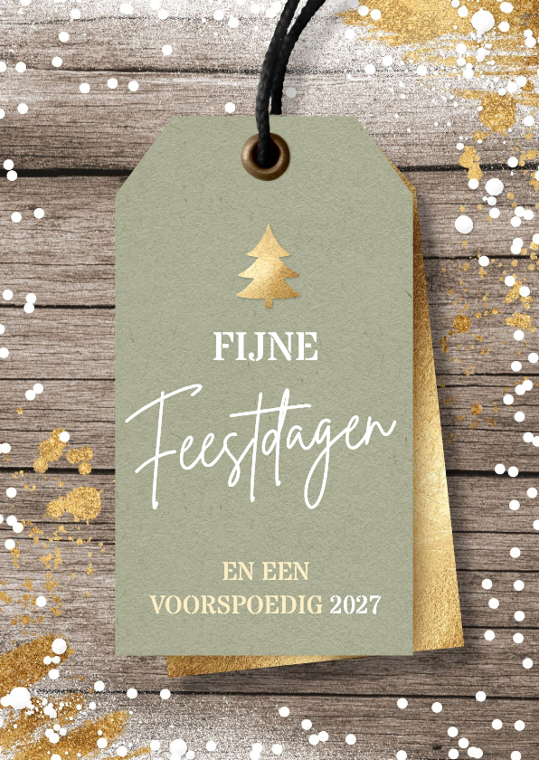 Stijlvolle kerstkaart met groen label op hout - Kerstkaarten Kerstkaarten - Stijlvolle kerstkaart met groen label op hout
