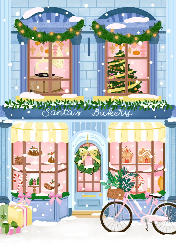 Stijlvolle kerstkaart met illustratie van een huisje - Kerstkaarten Kerstkaarten - Stijlvolle kerstkaart met illustratie van een huisje