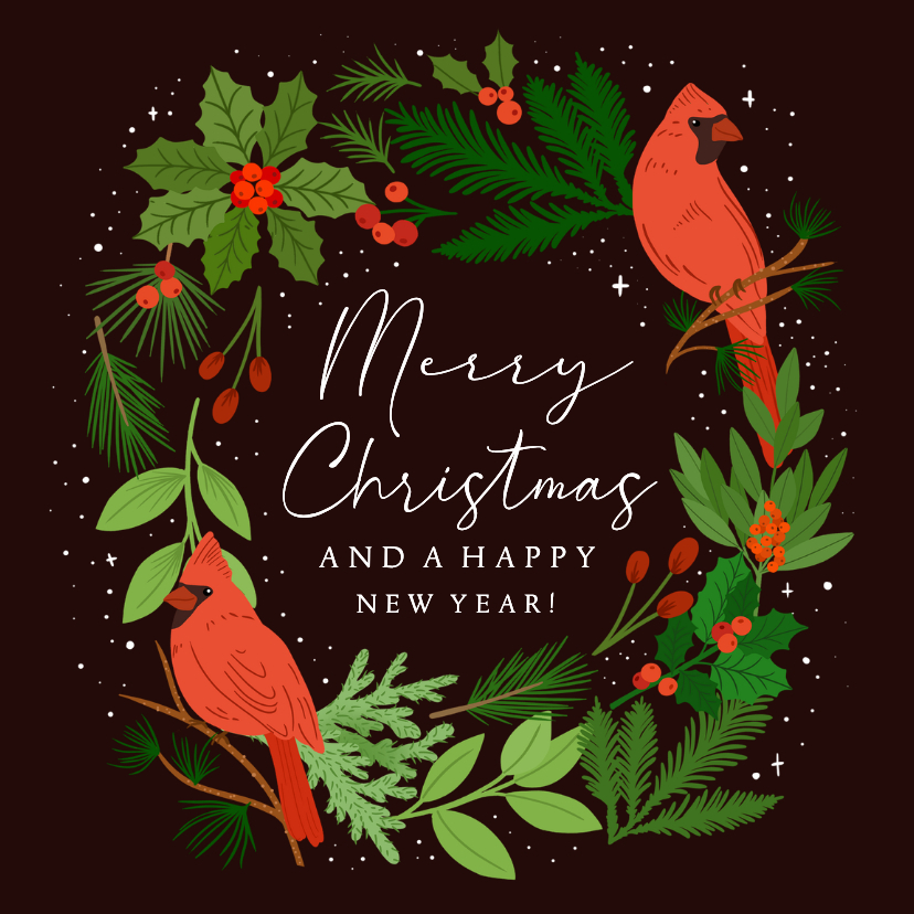 Stijlvolle kerstkaart met rode vogels - Kerstkaarten Kerstkaarten - Stijlvolle kerstkaart met rode vogels