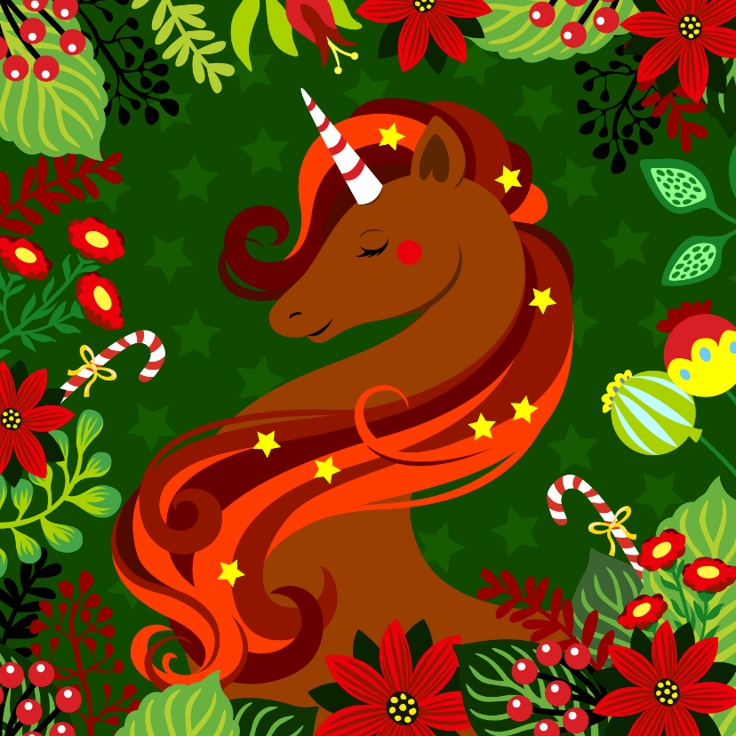 Stijlvolle kerstkaart met unicorn, bloemen en zuurstokken. - Kerstkaarten Kerstkaarten - Stijlvolle kerstkaart met unicorn, bloemen en zuurstokken.