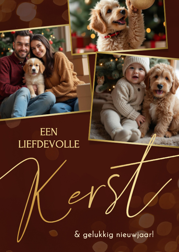 Stijlvolle kerstkaart rood kerst sierlijk goud 3 foto's  - Kerstkaarten Kerstkaarten - Stijlvolle kerstkaart rood kerst sierlijk goud 3 foto's