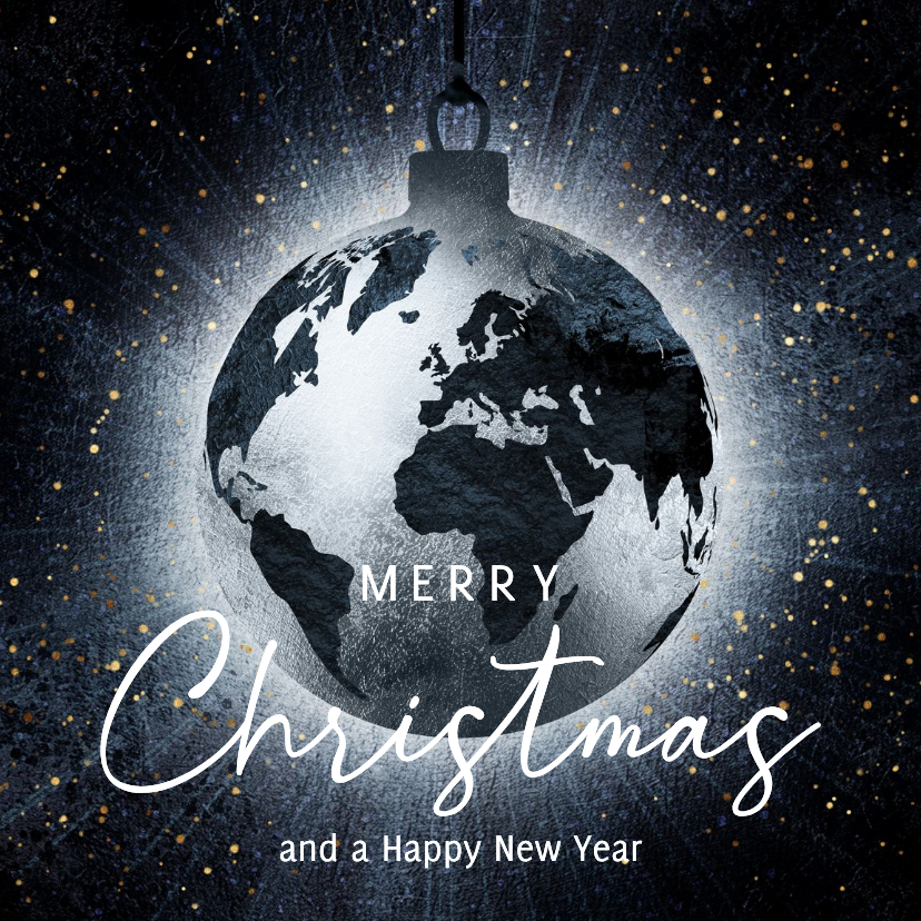 Stijlvolle kerstkaart stoere wereldbol kerstbal - Kerstkaarten Kerstkaarten - Stijlvolle kerstkaart stoere wereldbol kerstbal