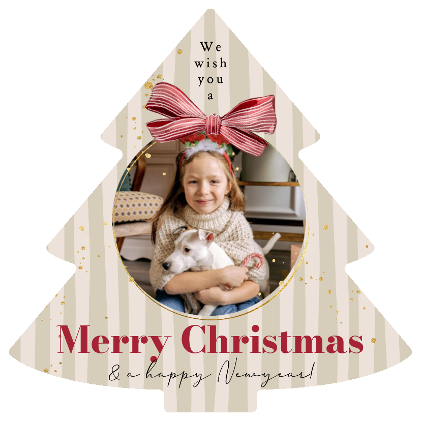 Kerstkaarten - Stijlvolle kerstkaart strik watercolor kerstbal foto streep