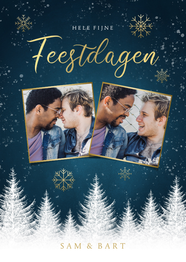 Stijlvolle kerstkaart witte bomen, sneeuwvlokken en foto's - Kerstkaarten Kerstkaarten - Stijlvolle kerstkaart witte bomen, sneeuwvlokken en foto's