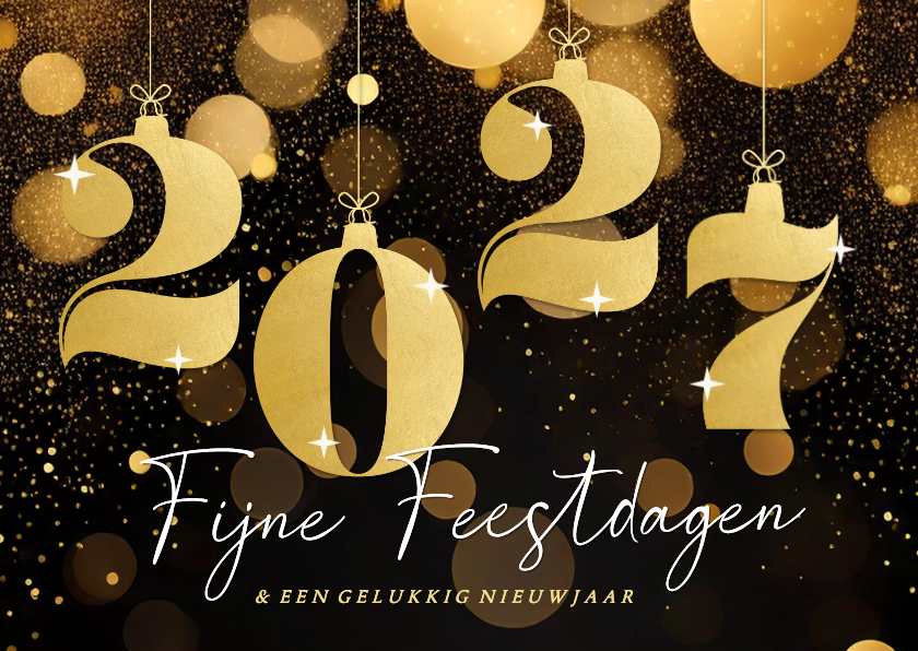 Kerstkaarten - Stijlvolle kerstkaart zwart met gouden 2027 glitters
