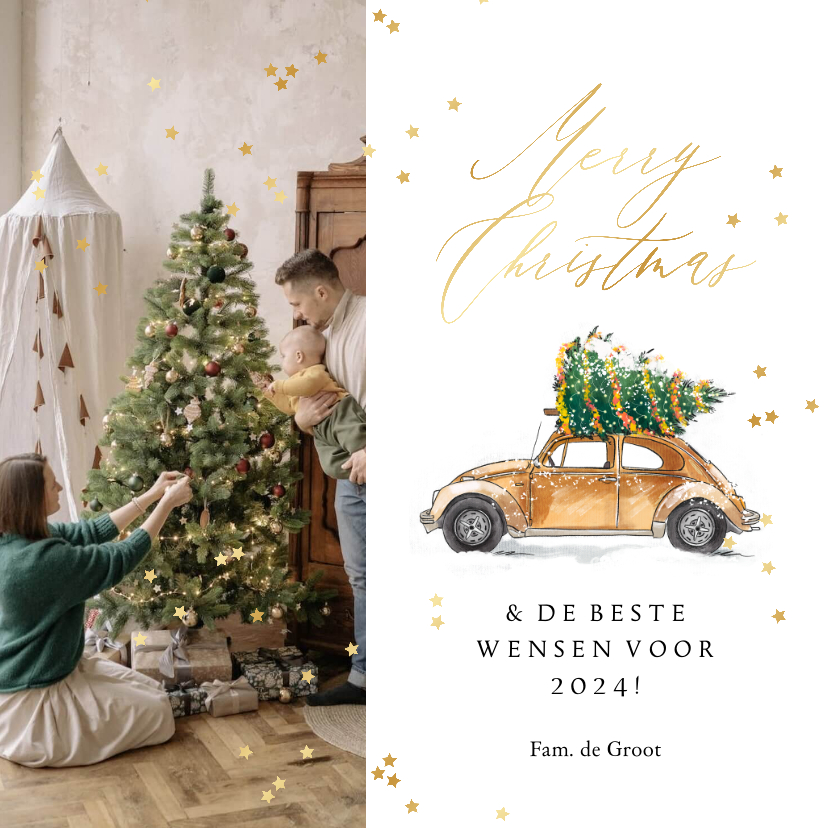 Kerstkaarten - Stijlvolle kerstverhuiskaart auto kerstboom sterren goud