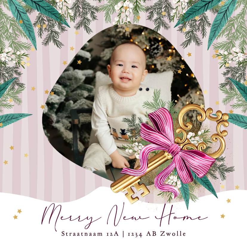 Kerstkaarten - Stijlvolle kerstverhuiskaart botanische bladeren foto streep