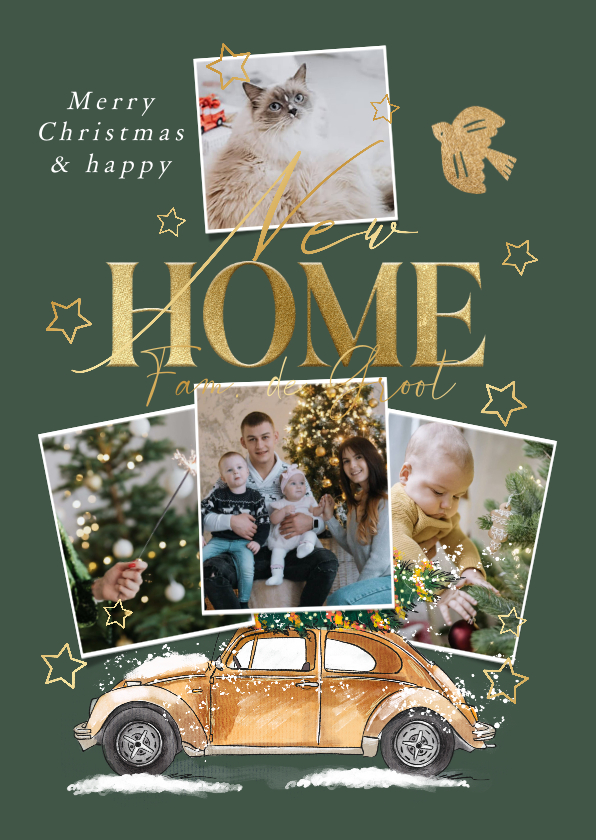 Kerstkaarten - Stijlvolle kerstverhuiskaart collage kerstboom goud auto