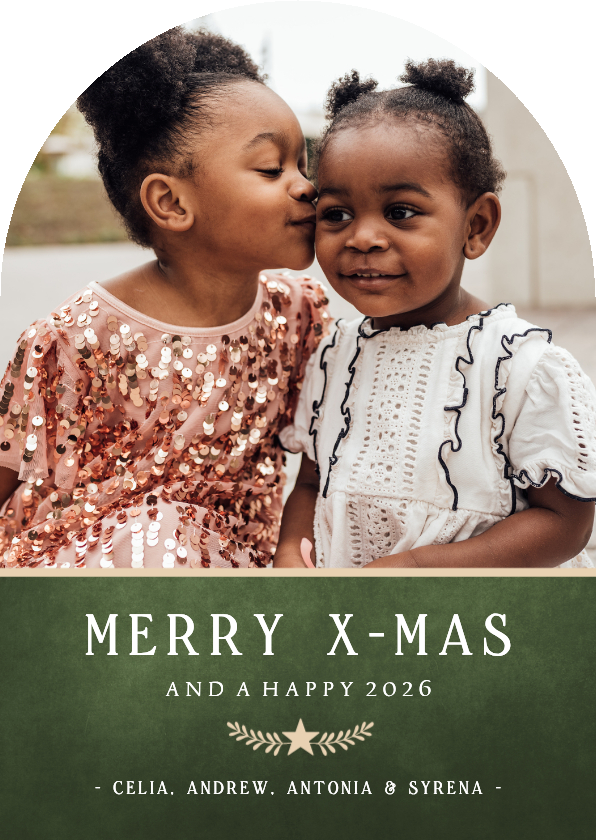 Stijlvolle klassieke groene kerstkaart boogvorm met foto - Kerstkaarten Kerstkaarten - Stijlvolle klassieke groene kerstkaart boogvorm met foto