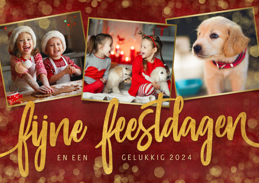 Kerstkaarten - Stijlvolle rode fotocollage kerstkaart met 3 foto's en goud