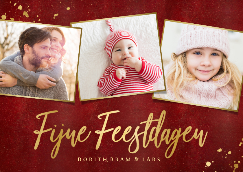 Stijlvolle rode fotocollage kerstkaart met gouden tekst - Kerstkaarten Kerstkaarten - Stijlvolle rode fotocollage kerstkaart met gouden tekst