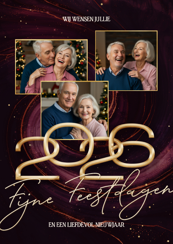 Stijlvolle rode marmer swirl fotocollage kerstkaart 2026 - Kerstkaarten Kerstkaarten - Stijlvolle rode marmer swirl fotocollage kerstkaart 2026