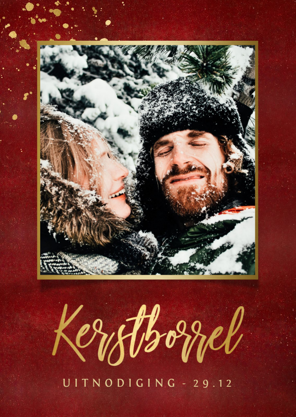 Stijlvolle uitnodiging kerstborrel warmrood met goudlook - Kerstkaarten Kerstkaarten - Stijlvolle uitnodiging kerstborrel warmrood met goudlook