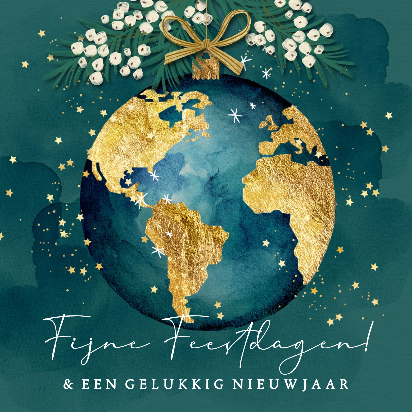 Stijvolle kerstkaart wereldbol kerstbal goud sterren - Kerstkaarten Kerstkaarten - Stijvolle kerstkaart wereldbol kerstbal goud sterren