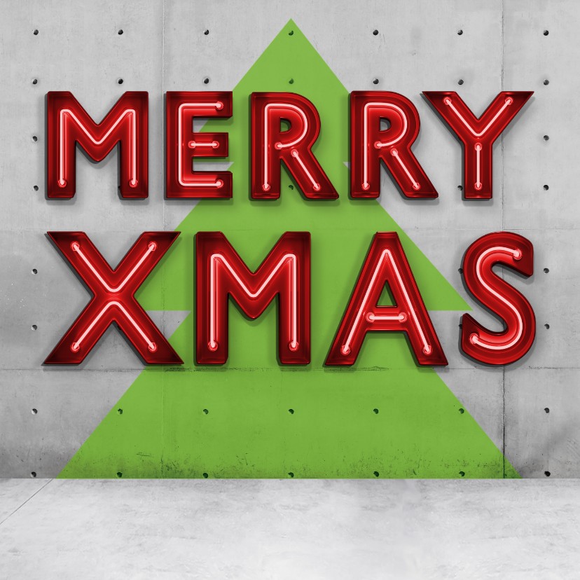 Stoere vierkante kerstkaart met neon letter - Kerstkaarten Kerstkaarten - Stoere vierkante kerstkaart met neon letter