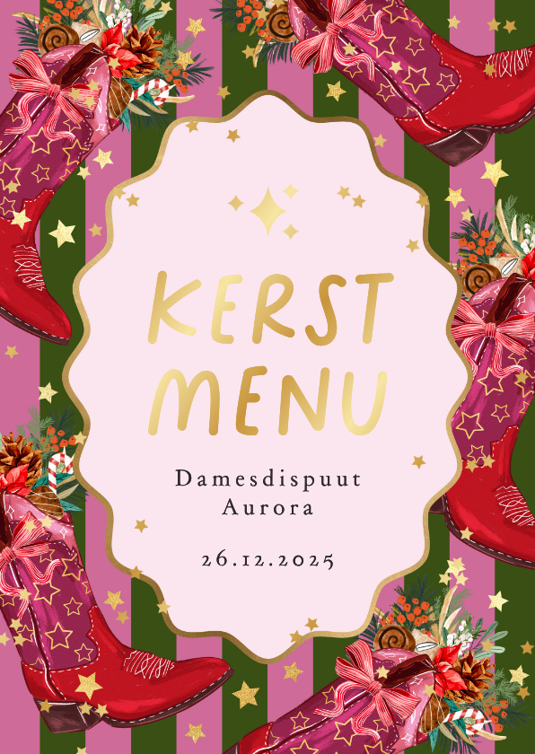 Trendy kaart kerstmenu cowboylaars botanische kersttakken - Kerstkaarten Kerstkaarten - Trendy kaart kerstmenu cowboylaars botanische kersttakken