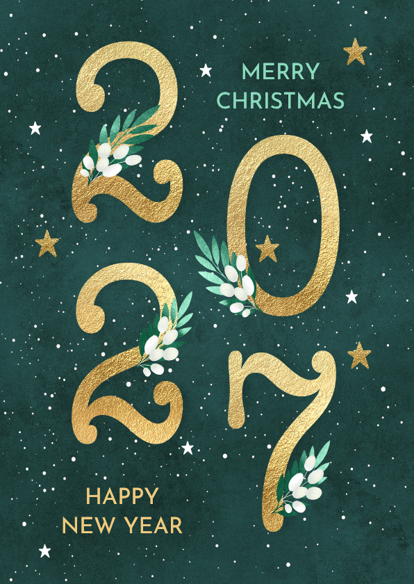 Trendy kerstkaart 2027 takjes groen - Kerstkaarten Kerstkaarten - Trendy kerstkaart 2027 takjes groen