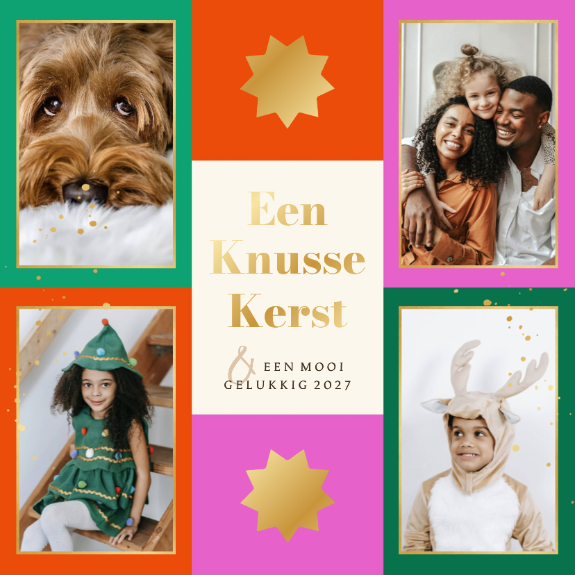 Trendy kerstkaart collage kleurrijk grafisch sterren goud - Kerstkaarten Kerstkaarten - Trendy kerstkaart collage kleurrijk grafisch sterren goud