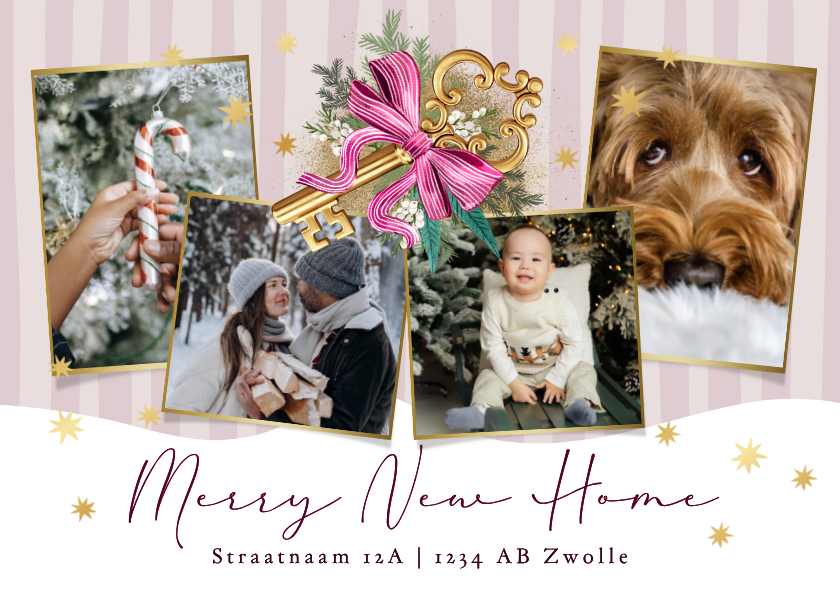 Kerstkaarten - Trendy kerstkaart fotocollage merry new home sleutel sterren