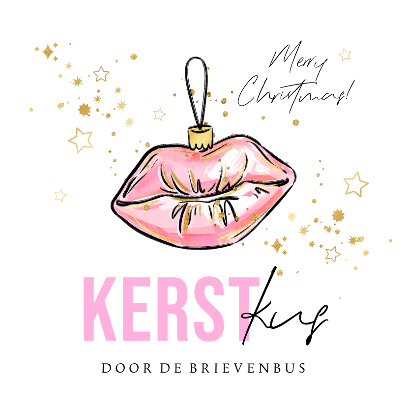 Trendy kerstkaart 'Kerst Kus' kitsch kerstbal goud sterren - Kerstkaarten Kerstkaarten - Trendy kerstkaart 'Kerst Kus' kitsch kerstbal goud sterren