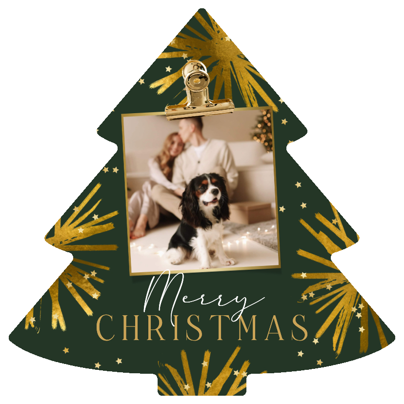 Kerstkaarten - Trendy kerstkaart kerstboomvorm sterren goud foto