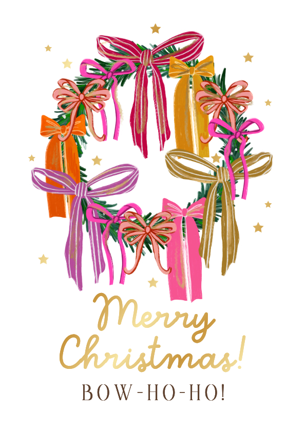 Kerstkaarten - Trendy kerstkaart kerstkrans strikken kleurrijk ster goud