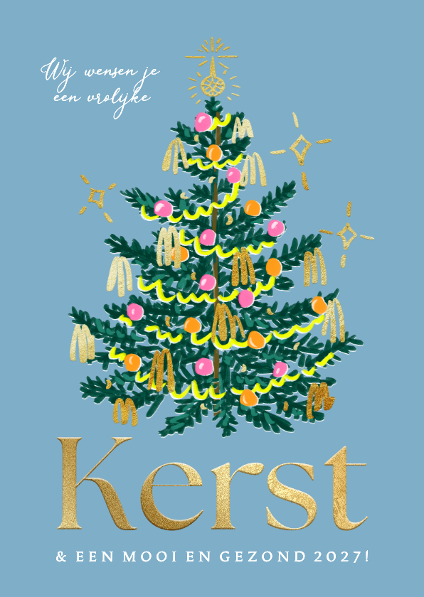 Trendy kerstkaart kitsch kerstboom versiering goud sterren - Kerstkaarten Kerstkaarten - Trendy kerstkaart kitsch kerstboom versiering goud sterren