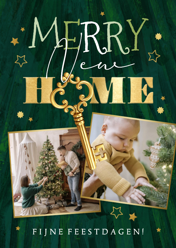 Kerstkaarten - Trendy kerstkaart Merry new home sleutel sterren goud