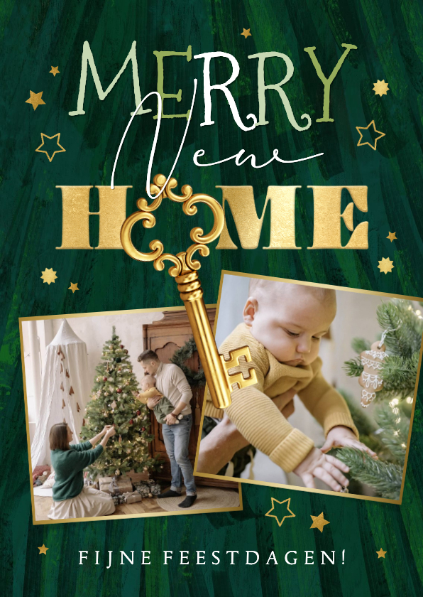 Kerstkaarten - Trendy kerstkaart Merry new home sleutel sterren goud