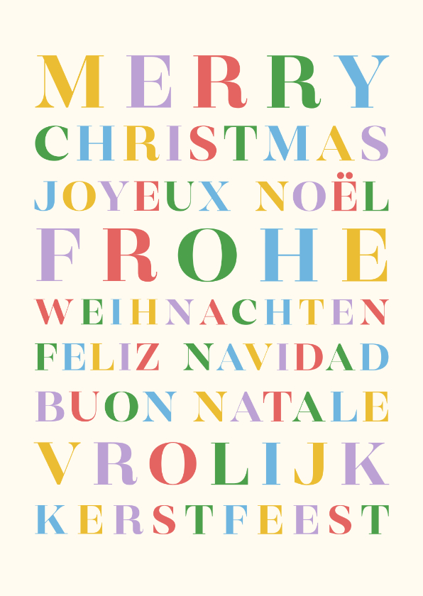 Trendy kerstkaart regenboog typografie diverse talen - Kerstkaarten Kerstkaarten - Trendy kerstkaart regenboog typografie diverse talen