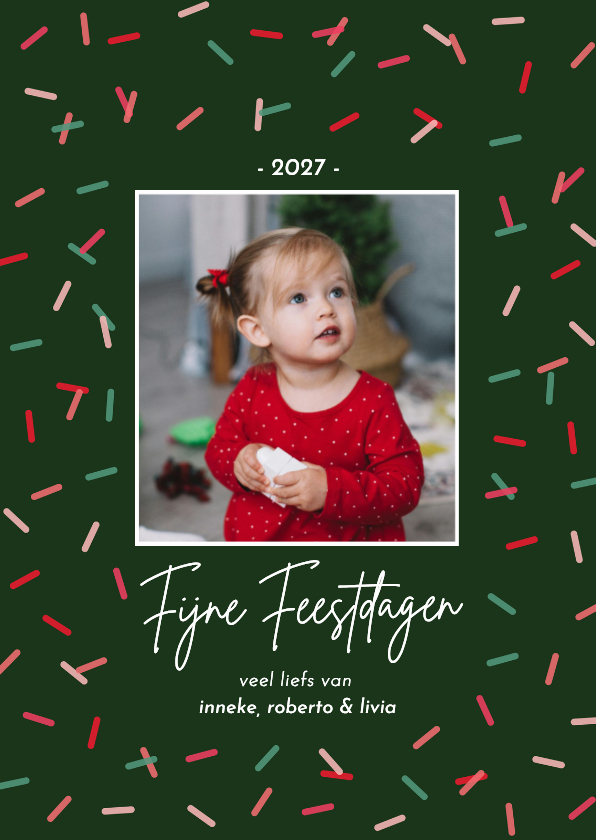 Trendy kerstkaartje groen met vrolijke sprinkles foto - Kerstkaarten Kerstkaarten - Trendy kerstkaartje groen met vrolijke sprinkles foto