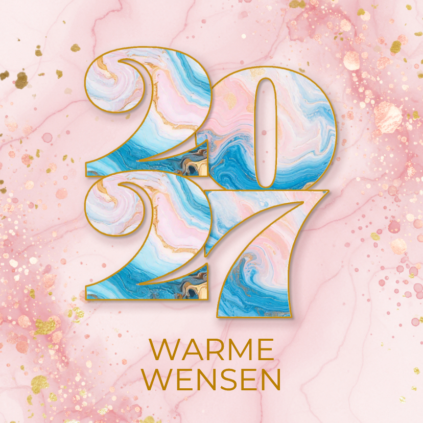 Kerstkaarten - Trendy kerstkaartje roze verf met marmeren jaartal
