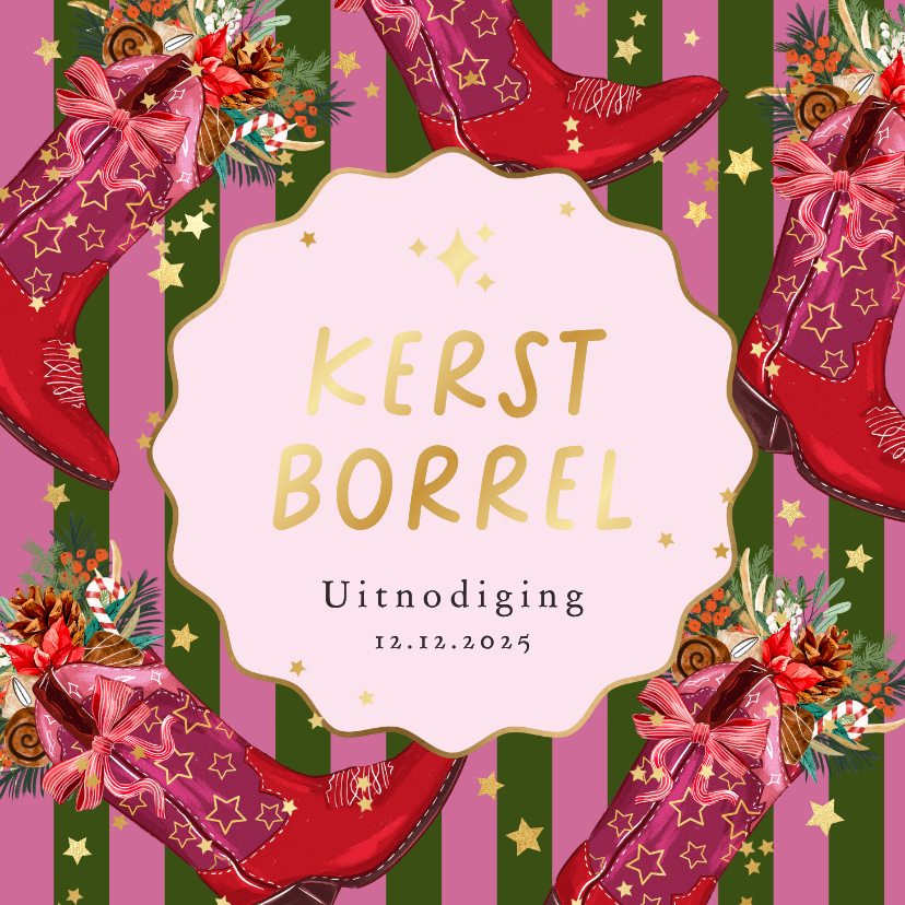 Kerstkaarten - Trendy uitnodiging kerstborrel howdy holidays laars goud