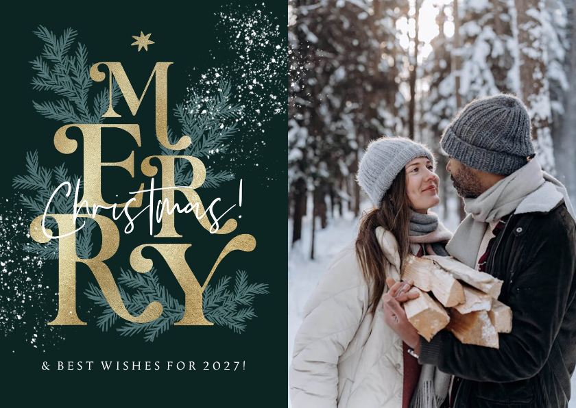 Typografische fotokaart 'Merry Christmas' goud kerstboom - Kerstkaarten Kerstkaarten - Typografische fotokaart 'Merry Christmas' goud kerstboom