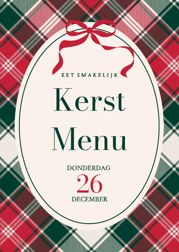 Kerstkaarten - Uitnodiging kerst menu ruit en strikje