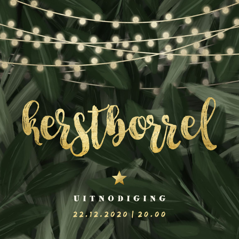 Uitnodiging kerstborrel jungle bladeren met lampjes - Kerstkaarten Kerstkaarten - Uitnodiging kerstborrel jungle bladeren met lampjes