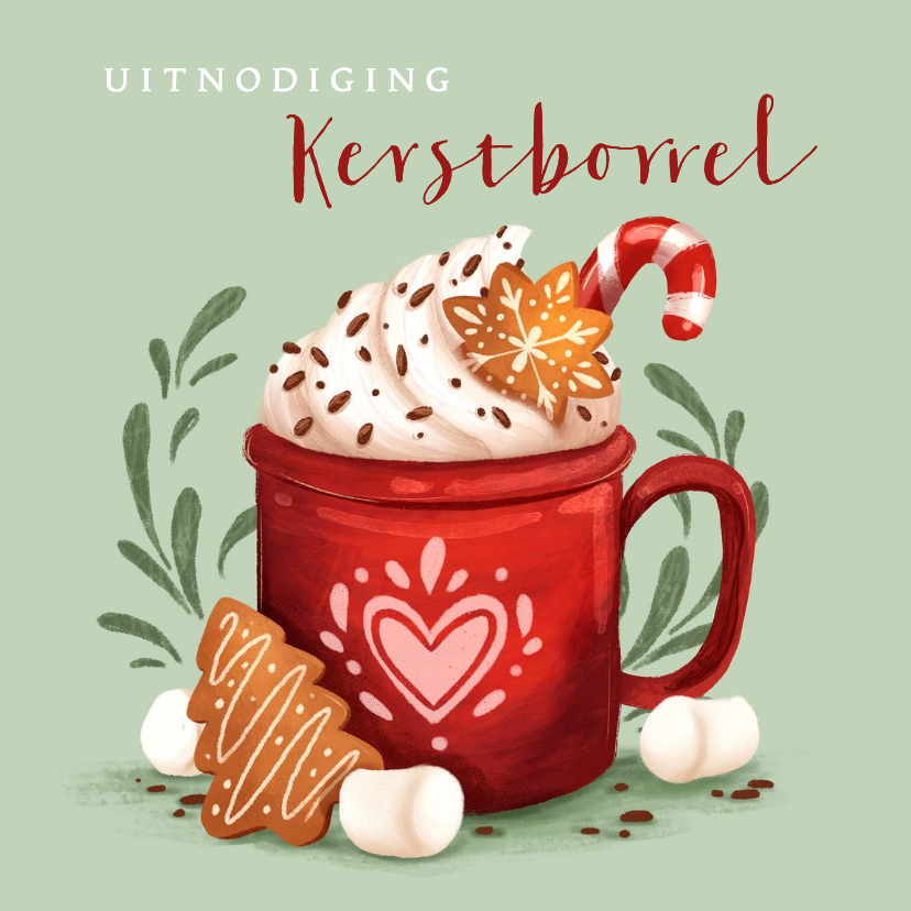 Uitnodiging kerstborrel met illustratie en kerstkoekjes - Kerstkaarten Kerstkaarten - Uitnodiging kerstborrel met illustratie en kerstkoekjes