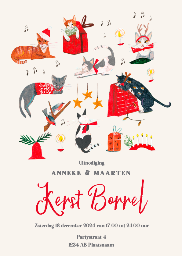 Kerstkaarten - Uitnodiging kerstborrel poezen illustraties