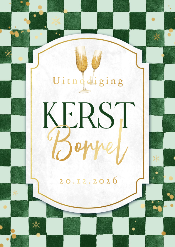 Kerstkaarten - Uitnodiging kerstborrel ruitjes groen goud sneeuw stijlvol