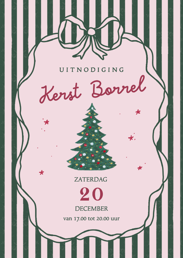 Uitnodiging kerstborrel strepen en strik kerstboom - Kerstkaarten Kerstkaarten - Uitnodiging kerstborrel strepen en strik kerstboom