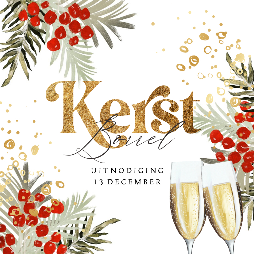 Uitnodiging kerstborrel watercolor kersttakken - Kerstkaarten Kerstkaarten - Uitnodiging kerstborrel watercolor kersttakken